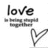 Pixelated grayscale icon with 'love' text above a stylized heart symbol and abstract horizontal lines.