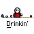 Pixel art animation of a character in red clothing drinking, with sequential changes in pose and particle effects on a gray background.