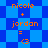 Pixelated orange text and symbols on blue background with two distinct patterned backgrounds alternating in animation.