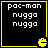 Four identical black square with yellow borders, each containing white pixelated text 'pac-man nugga nugga' and a yellow Pac-Man icon in the bottom-right corner