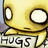 Pixelated yellow cartoon character with large white eyes and a wide mouth, displaying the text 'HUGS' in bold black letters below.