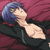 Pixelated image of a person with short blue hair lying on a maroon background, wearing a black top with a deep neckline.