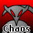 Pixelated figure with gray body, red eyes, and dark wings against red background; text 'chaos' in blocky white letters at bottom.
