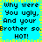 Pixelated cyan background with yellow square border, displaying repeated black text 'Why were you ugly. And your Brother so HOT!' in a pattern