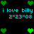 Pixelated green hearts and cyan text reading "i love billy ×08" arranged in a repeating pattern on black background