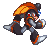 Pixel art character in orange and black armor with blue accents, shown in four walking cycle frames against gray background.