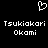 Pixelated white heart symbol above two identical lines of text reading Tsukiokari Okami on black background.