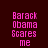 Pixelated text "Barack Obama Scares me" in pink on dark background with blue horizontal bars shifting across different lines.