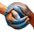 A 4-frame animated contact sheet showing a hand holding a blue heart-shaped object with text about friendship across the world.