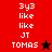 A split-screen digital image with red and black backgrounds displaying pixelated text '3y3 like like JT TOMAS' alongside star symbols.