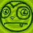 Pixelated green face with spiral eyes, small triangular nose, and straight mouth on green background.
