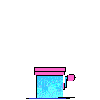 Santa Claus emerges from a blue box with pink lid, wearing red suit and green mittens in pixelated animation.