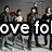 Pixelated image of five people standing in a row with large white text overlay reading 'ove fol' on black background.