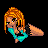 Pixel art buddy icon featuring a cartoon woman with orange hair and teal top, surrounded by neon pink and cyan text about card suits and relationships on black background.