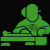 Green pixelated figure wearing headphones and operating DJ equipment against dark background with green text reading OriginalIcons.com.