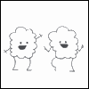 Two cloud-shaped figures with smiling faces and stick limbs perform synchronized movements against a white background.
