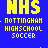 Static image of yellow pixelated text on blue background with gray bottom section, showing repeated 'NHS' and 'TOTTINGHAM HIGH SCHOOL SOCCER' in