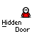 Pixel art character in red shirt with white face and black outline, shown through various states of a hidden door animation on gray background.