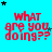 nine identical on a cyan background, each displaying red pixelated text 'what are you doing??' with scattered black and light blue stars