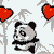 Pixelated panda in black and white with red hearts, standing among gray bamboo stalks on a white background.