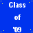 Blue background with white text repeating 'Class of '09' in a pattern, scattered yellow dots across the surface
