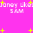 Pixelated text 'Janey Ukey' and 'SAM' repeated on bright pink background with yellow starbursts, animated by shifting positions.