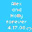 Pixelated blue background with white text reading "Alex and Holly forever 4.17.08" followed by a heart symbol, repeated in three