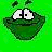 A 48x48 pixel animated buddy icon featuring a green cartoon frog with large white eyes, shown in two frames where the tongue extends from its mouth.