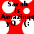 Red background with white circular shapes and black text reading 'Sarah is Amazing' followed by 'yo (:' in pixelated font.