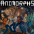 Pixelated image with 'ANIMORPHS' text at top, featuring multiple figures in dynamic poses against a dark background with blue and brown tones.