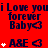 Red background with repeating dark blue text "i Love youi Love youi Love you forever Baby" and "A&E" with heart symbols, some text partially obscured by white star-like symbols.