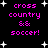 Black background with pink pixelated text reading 'cross country && soccer!' and white star shapes scattered throughout.
