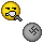 Yellow emoji face with black eyes and mouth holding a gray microphone, positioned above a gray sphere containing a black swastika symbol on light gray background.