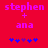 Red background with pink text 'stephen + ana' and blue star-like symbols below, showing two animation frames with one symbol changing position.