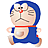 Pixelated character with blue hair, red nose, and blue outfit with red collar, standing against gray background.