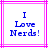 Two identical static images side-by-side showing blue pixelated text "I Love Nerds!" on a white background with pink lines