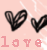 Two side-by-side animated frames show black hearts and the word 'love' on a pink background with white lines.