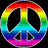 Rainbow peace symbol, red heart with 'Love' text, and brown bar with brown patterns on black background; three smiling faces with text overlays on blue background.