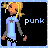Pixel art contact sheet of four identical animated frames showing a cartoon character with blonde hair, light blue shirt, and black shorts against a black background with the word 'punk' in light blue text.