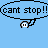 Animated contact sheet of a yellow stick figure character with white face and black outline, repeatedly saying "cant stop!!" in speech bubbles across 15 frames showing motion progression from small to full size on blue background.
