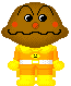 Pixelated character with brown rounded head, orange cheeks, black eyes, and orange nose wears yellow-orange jumpsuit with white belt and yellow smiley face on chest.