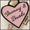 Pink heart-shaped icon with dark brown border containing cursive text 'Dooney & Bourke' on light background.