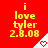 Red background with yellow text reading "i love tyler 2.8.08" and white triangular icons containing red hearts, some of which change from solid to outlined.