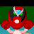 Pixelated character with red body and black mask, blue diamond on forehead, green eyes, white mouth, boxing gloves; text overlays change across frames.