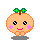 Pixelated orange fruit character with green leafy top, pink cheeks, and two expressions: smiling face on left, open-mouthed surprised face on right.