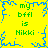Yellow background with blue pixelated border and central starburst; green text reads 'my bffl is Nikki' repeated four times.