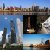 Pixelated static image shows a cityscape with tall buildings, a bridge, and water under a blue sky.