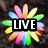 Colorful flower-shaped icon with 'LIVE' text over dark background; yellow cartoon face with 'laugh!' text and wide grin; heart shape in dirt with 'Love' text.
