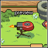 Pixel art scene showing a red and gray cannon firing orange flames on green grass with wooden structures, trees, and flowers in the background.