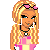 Pixelated character with blonde braided hair wearing pink sunglasses, black choker necklace, and pink outfit against yellow background with pink text.
